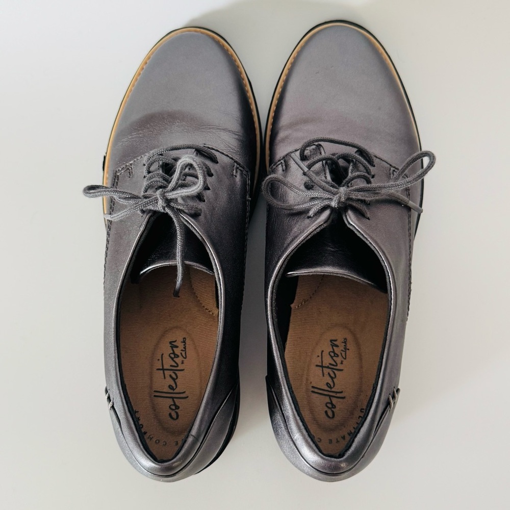 Clarks Sharon Noel Gun metal Leather Shoes Womens 6.5 M Metallic Oxfords - Picture 3 of 10